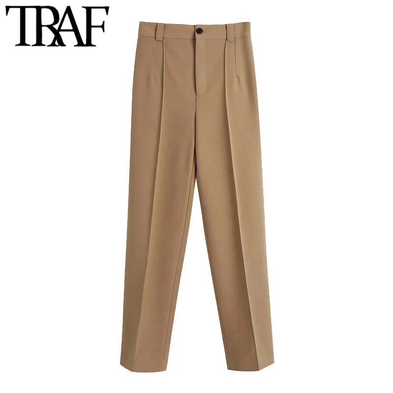 TRAF Women Fashion With Seam Detail Straight Pants Vintage High Waist Zipper Fly Office Wear Female Trousers Mujer 1