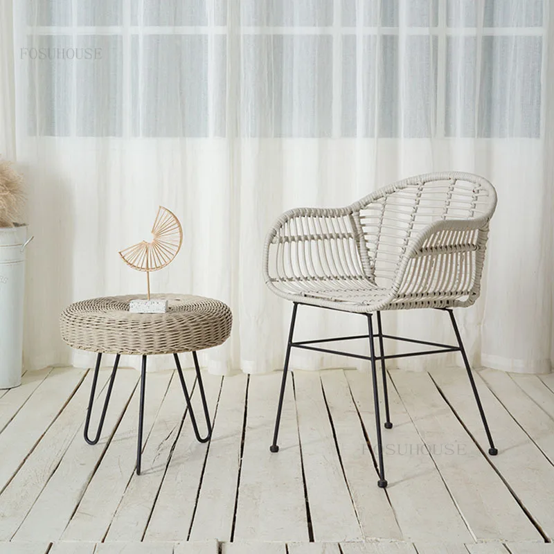 Nordic Living Room Sets Wrought Iron PE Rattan Woven Chair Leisure Home Balcony Outdoor Chair Living Room Furniture 2-piece Set
