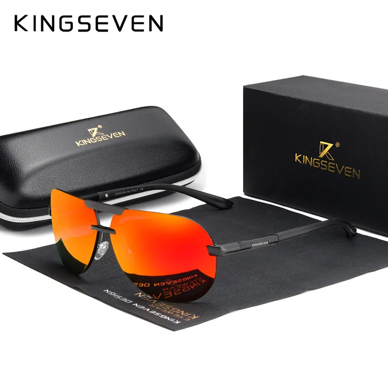 KINGSEVEN, фирменный дизайн, новые поляризованные солнцезащитные очки без оправы, для мужчин и женщин, для вождения, оправа пилот, солнцезащитные очки, мужские очки, UV400 - Цвет линз: Black red