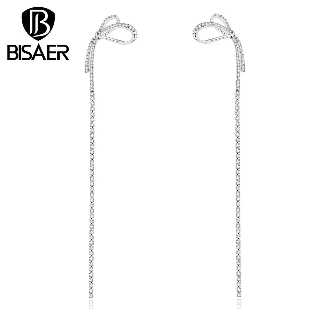 Серьги с бантами BISAER, длинная цепочка, бант, серьги-гвоздики для женщин, прозрачные кубические женские серьги из циркония, серебряные ювелирные изделия EHE011