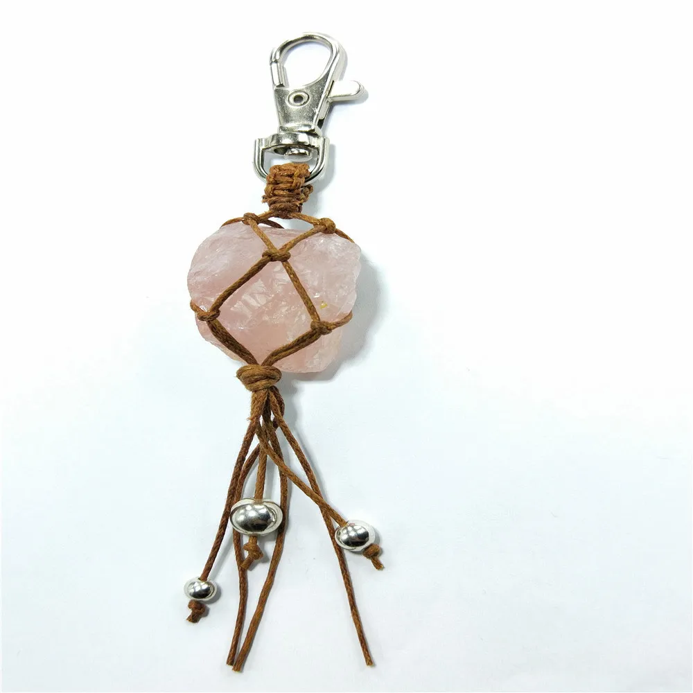 Pink crystal Натуральный кварц камень кулон брелок обертывание оплетка Йога макраме энергии автомобильный держатель для ключей подвеска для ключей сумок висячие украшения аксессуары - Цвет: Pink crystal