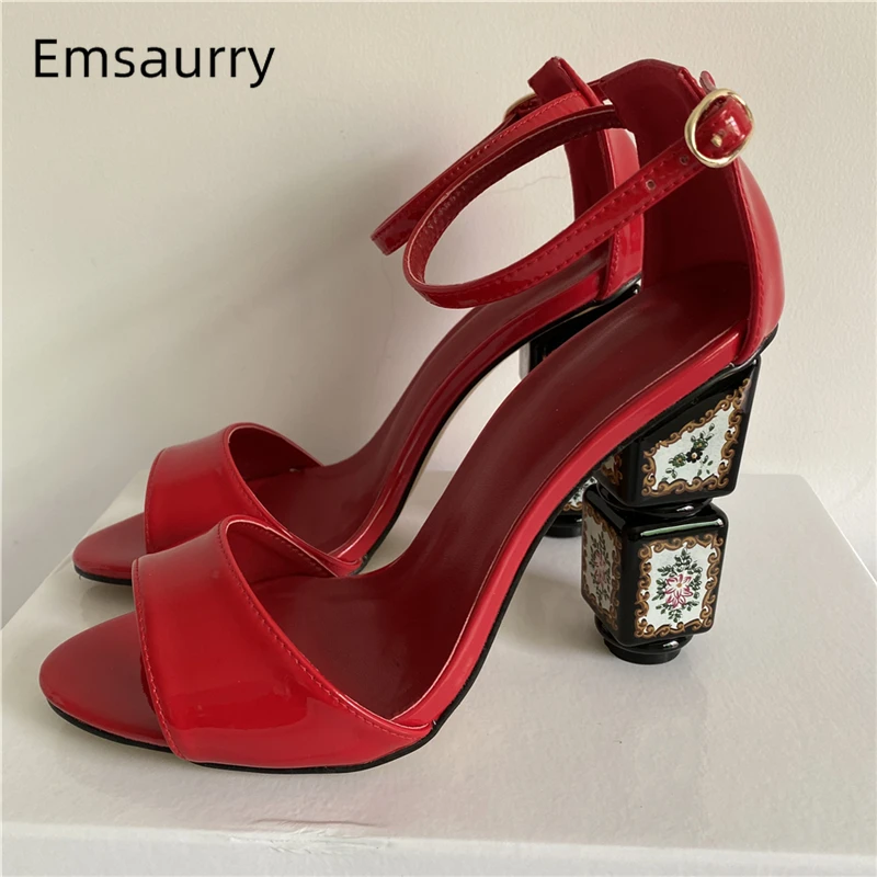 

Printed Flower High Heel Sandals Women Ankle Strap Cover Heels Bright Patent Leather Sexy Open Toe New Summer 2022 Shoes Woman