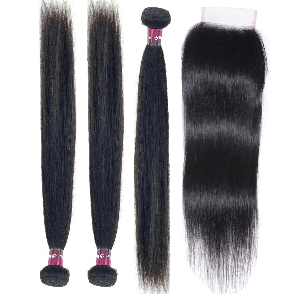 Lynlyshan человеческие волосы бразильские прямые пучки с закрытием Remy натуральный