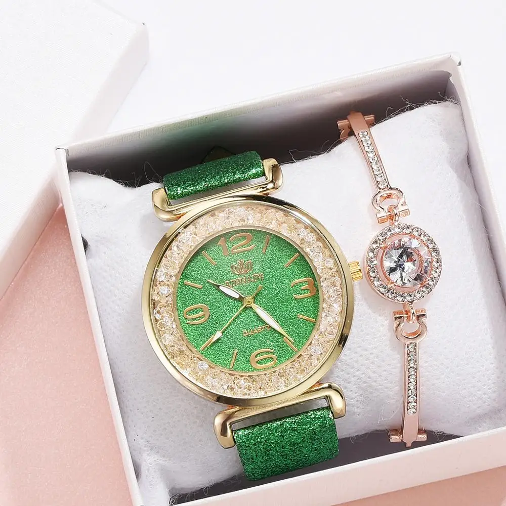 Green With Bracelet Модные звездное небо, стразы, циферблат, женские наручные часы, кожаный ремешок, кварцевые часы, современные наручные часы для женщин, Relogio Feminino - Цвет: Green With Bracelet