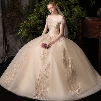 

Luxury Appliques Lace Champagne Bride Dress Ball Gowns Lace Up Wedding Dresses Plus Size 2-26W