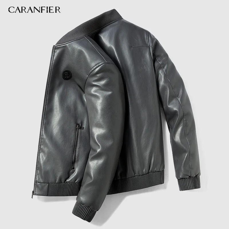 Серый CARANFIER мужская кожаная куртка осень зима мотоцикл ретро Карманный тепловой воротник бархатные верхние пальто кожаные байкерские куртки - Цвет: Серый