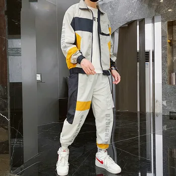 

Military Casual Tracksuit Men Gray Loose Pocket Zipper Long Sleeve Jacket Men Hip Hop Street Autumn Men Sweatsuits Sets B60