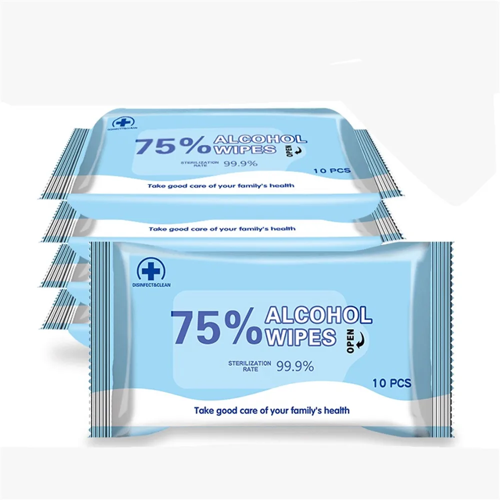 

10 pcs/bag Skin Care Wipes Antiseptic Cleanser 75% Alcohol Wet Wipes Portable Disinfection Antiseptic Pads Swabs