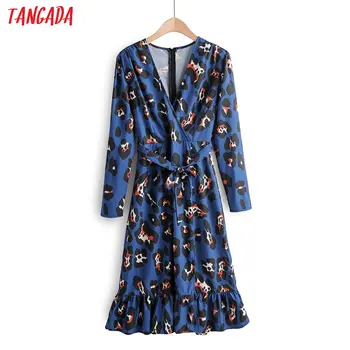

Tangada fashion women leopard print midi dress with slash long sleeve ladies vintage ruffles dress vestidos 2F20