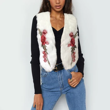 

Women Fashion Elegant Faux Fur Short Vest Winter Warm Sleeveless Embroidery Rose Flowar Coat Outwear Vests Feminino 2C0255