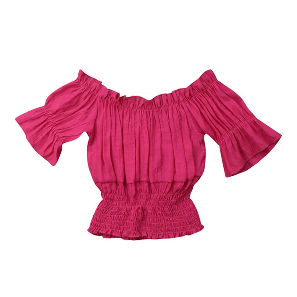 Hot Pink SAGACE топы для девочек; хлопковая блузка; повседневные топы ярких цветов с рюшами; модная детская одежда с открытыми плечами для маленьких девочек - Цвет: Hot Pink