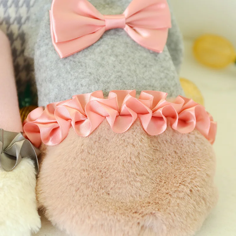 Winter Warm Pet Dog Dresses Cute Bow Kont Printing Dogs Skirts Female Plush Dresses Pet Clothes Dog Cats Accessories