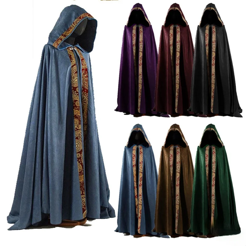 Gothic Hooded Unisex Cloak Wicca Robe Medieval Witchcraft Cape Halloween Show 