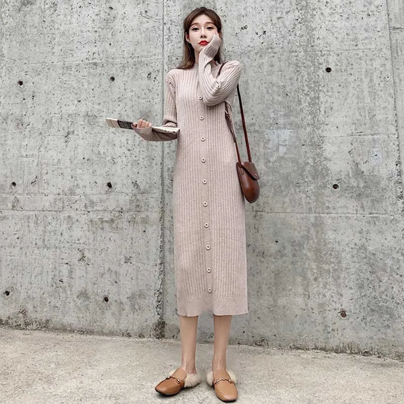 One-Piece Women Fashion Slim Buttocks Dress 2020 Autumn Winter Long Sleeve Vintage Single-Breasted Knitted Sweater Dress Female