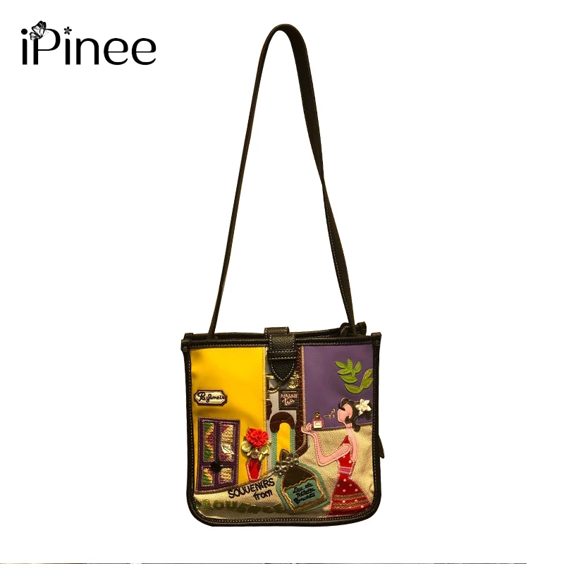 

iPinee Women Cartoon Pattern Embroidery Shoulder Bag Fashion Small Bag Retro Elegant Shopping Bags PU Leather Bucket Handbag