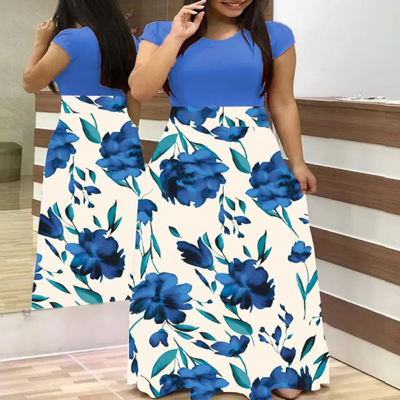 LOSSKY Plus Size Women's Summer Print Stitching Flower Casual Long Dress 2019 Vestido Bodycon Elegant Sexy Lady Maxi Dress Women