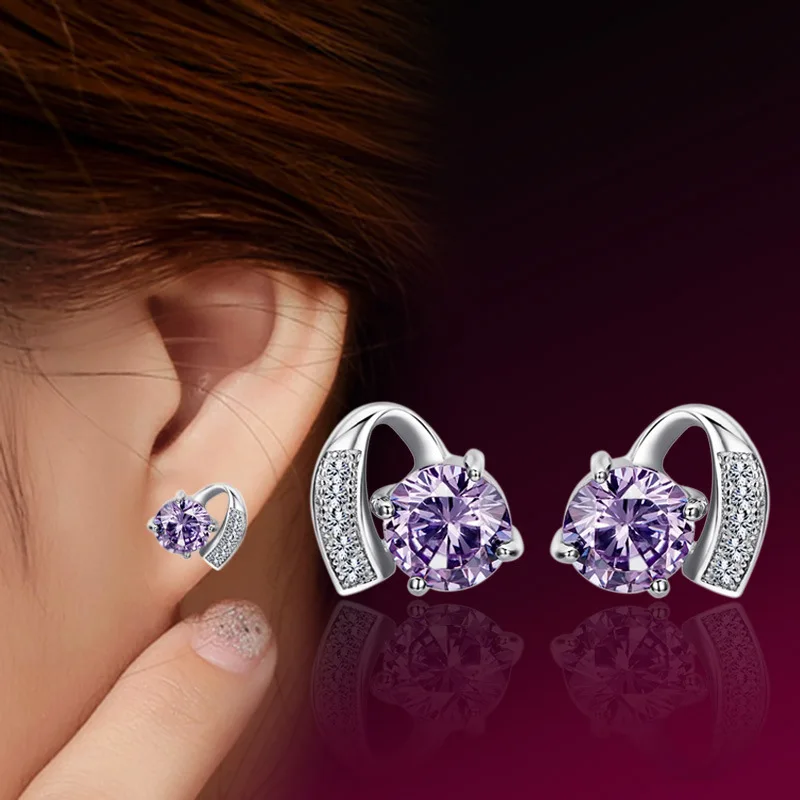 

Explosion Models Fashion Purple Zircon Luxury Silver Plated Heart-shaped Earrings Women's Wedding Earrings Valentine's Day Gift