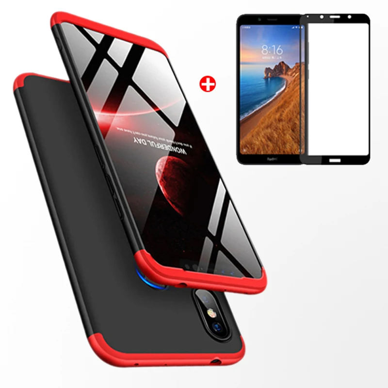 360 чехол на для Xiaomi Redmi 7A для Сяоми ксиоми Редми 7a противоударный 3 в 1 Роскошные, жесткие, ПК полный защитный чехол на для Xiaomi Redmi Note 7 Redmi 7 Чехол из закаленного стекла