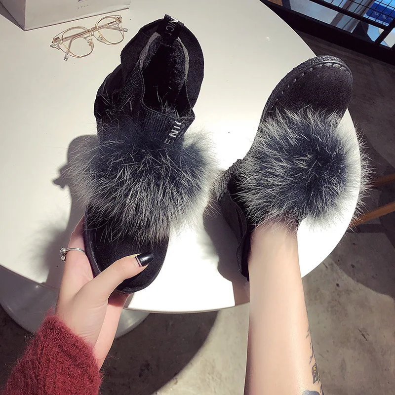 Модные женские зимние ботинки с натуральным лисьим мехом из коровьей замши; женская зимняя обувь; ботильоны на меху; botas Mujer