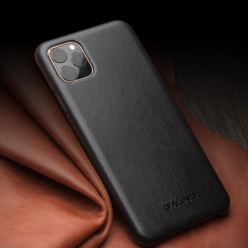 QIALINO роскошные чехлы из натуральной кожи для Apple iphone 11 Pro Max Мягкий сенсорный тонкий металлический Объем Кнопка задняя крышка чехол