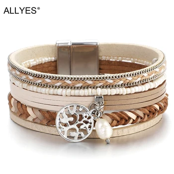 

ALLYES Tree of Life Leather Fashion Bracelets Woman 2020 Ladies Bohemian Multilayer Wide Wrap Bracelets &Bangles Female Jewelry