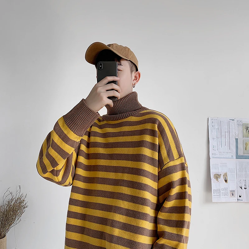 UYUK2109 Autumn And Winter New Casual Loose Fashion Trend Quality High Collar Striped Knit Men's Sweater Clothes Hombre
