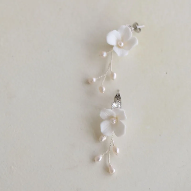 Dangle Earrings SLBRIDAL Ins Style Sparkling Zircon Crystal Rhinestones Porcelain Flower Freshwater Pearls Bridal Wedding Earring Women Earrings