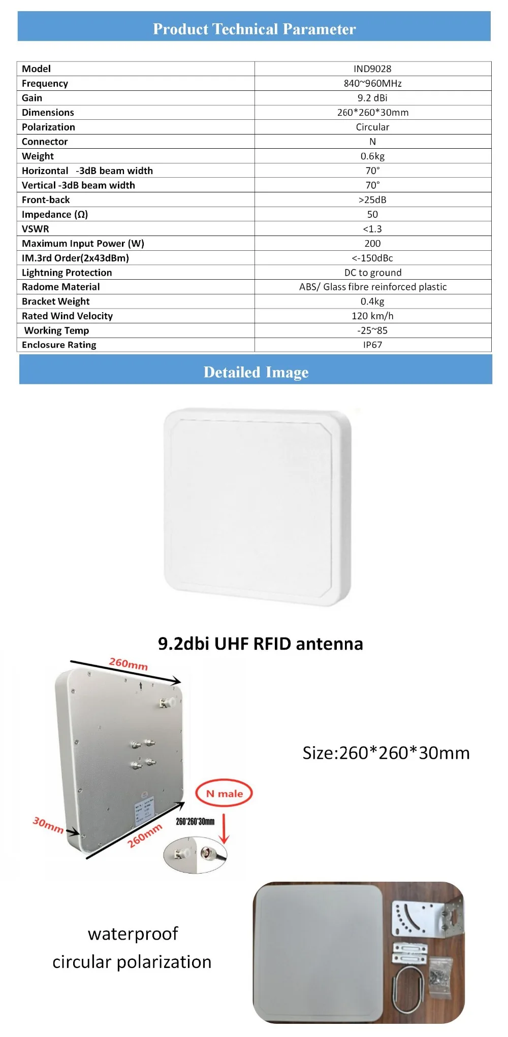 860-960 МГц rfid антенна дальнего приема IP67/пассивное считывание длинная круговая поляризация 9dbi Водонепроницаемая наружная rfid антенна