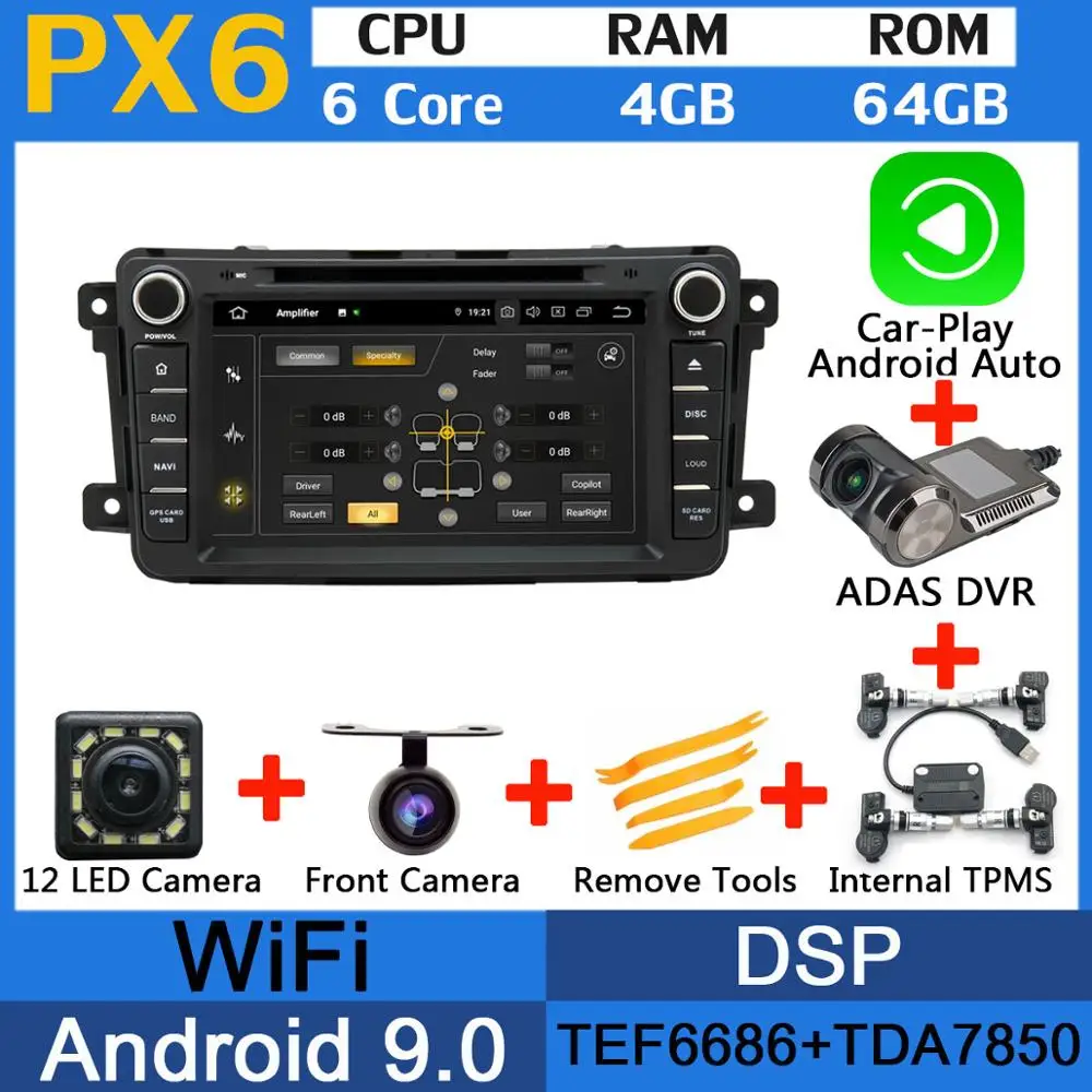 5 USB PX6/восьмиядерный Android 9,0 автомобильный DVD для Mazda CX-9 CX9 CX 9 2010 2011 2012 2013 автомобильный радио gps DSP Android авто - Цвет: PX6-Adas-Carplay-TMS