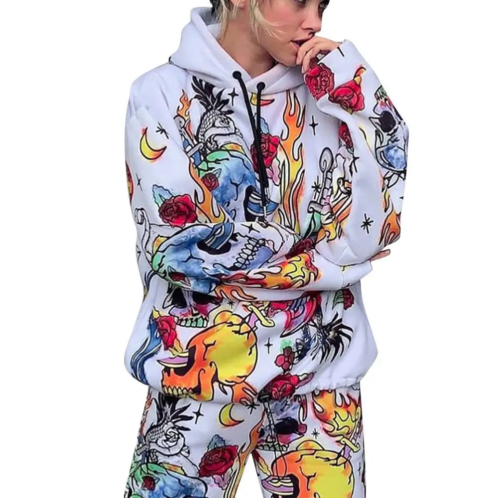 

Hoodies Sweatshirts Pullover Women Autumn Drawstring Long Sleeve Skull Printed Halloween Loose Casual Tops Female Sudadera Mujer