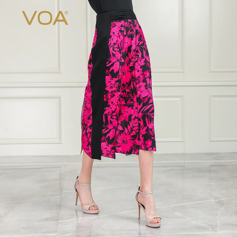 

VOA Red with Contrasting Black Printed Pleated Silk Stereo Layer Joint High-waisted Elegant Fit Real Silk Waist Skirt C652