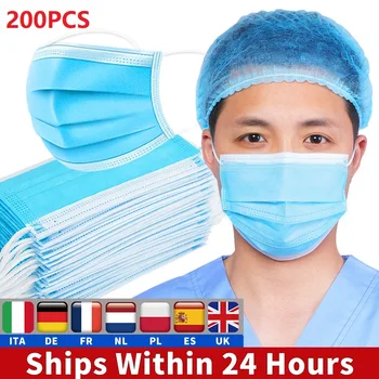 

200PCS Disposable Face Mouth Non Woven Anti Dust Mask Dustproof Protect 3 Layers Filter Earloop Mouth Masks Stock in Europe