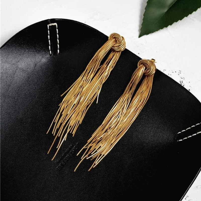 HS 4B49X Metallic Knot Tassel Dangle Post Earrings Long Chain Party