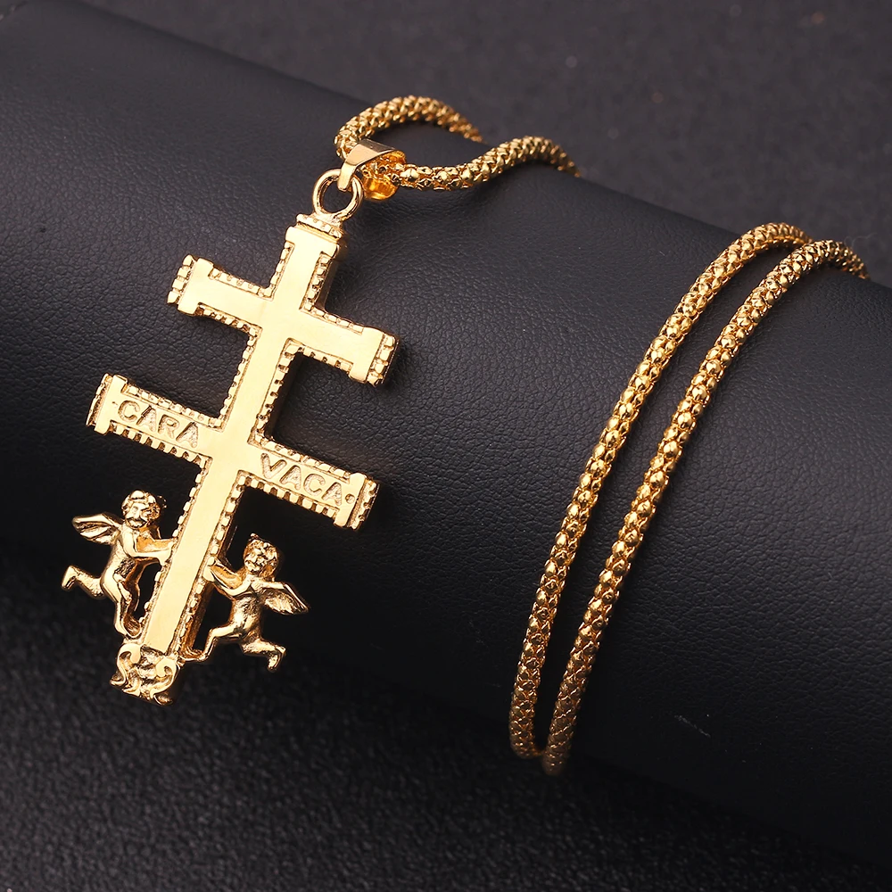 

Gold Color Catholic Caravaca Crucifix Orthodox Cross Pendant Necklace Cherub Angel Best Christian Necklaces For Men Women