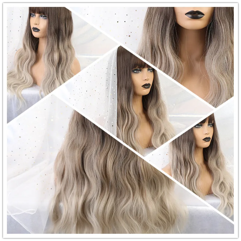 Buy TINY LANA Synthetic Long Body Natural Hair Wigs With Bangs For Black Women Ombre Brown Blonde Wavy Wigs African American