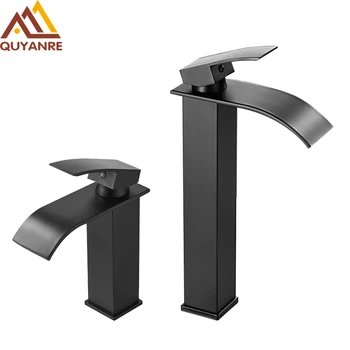 Quyanre Rubinetto per lavabo a cascata nero opaco Miscelatore monocomando Rubinetto per gru per lavabo acqua calda fredda per miscelatore per lavabo da bagno 1