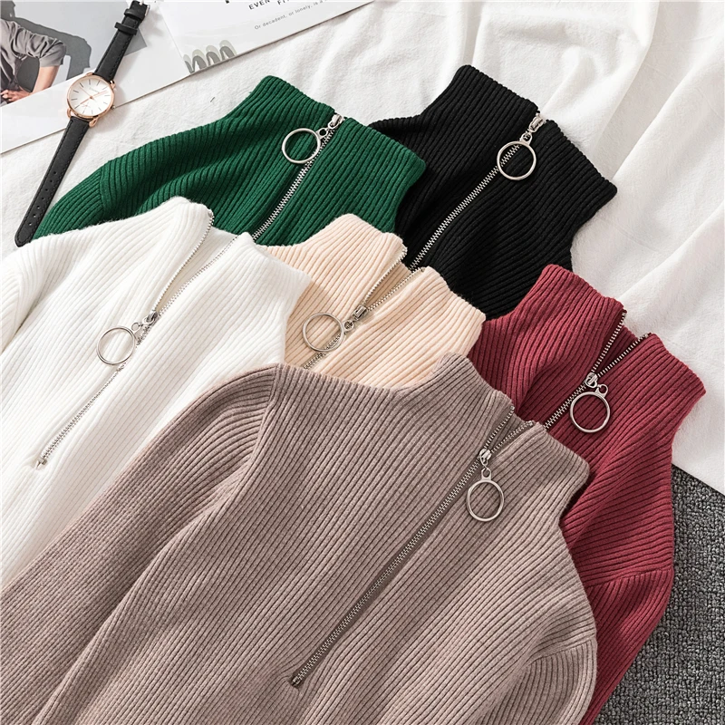 

2019 Zipper Turtleneck Sweater Korean Womens Sweaters Winter Tops For Women Pullover Autumn Jumper Knitted Sweater Femme G816