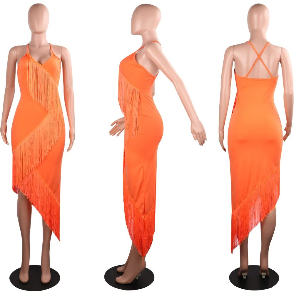 Голубое лоскутное сексуальное платье с кисточками, женское платье с запахом на молнии спереди, без рукавов, облегающее платье миди с высокой талией, вечерние платья для ночного клуба vestidos - Цвет: orange