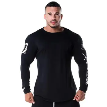 

Men Skinny Long sleeve Shirts Spring 2019 Casual Fashion Printed T-Shirt Male Gyms Fitness Black Tee shirt Tops Brand Clothing