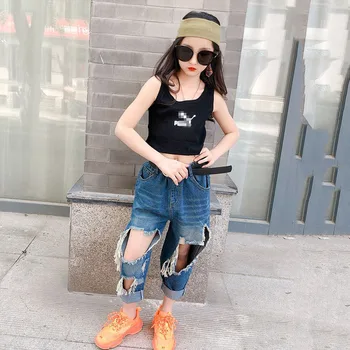 

Spring Summer girls jeans baby denim pants kids harem trousers children streetwear dark blue irregular hollow out 3 to 12 yrs