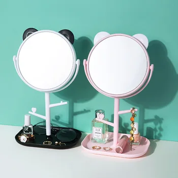 

Cartoon Rotating Makeup Mirror Storage Rack Desktop Dressing Mirror with Tray Makeup Small Mirror Princess Mirror Shelf