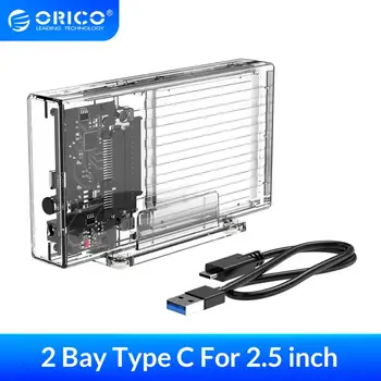 

ORICO 2 Bay 2.5'' HDD Case SATA to USB C Transparent Hard Drive Enclosure Support UASP for 7-9.5 mm HDD SSD With 5V Adapter