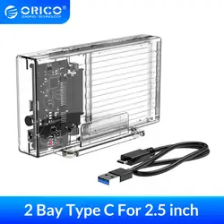 ORICO – boîtier Transparent pour disque dur SATA vers USB3.1 type c 6Gbps, 2 baies, pour SSD, avec adaptateur 5V, 2.5 pouces 