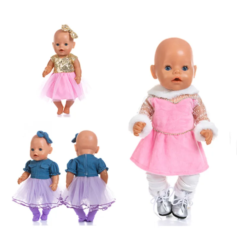 

Doll Clothes Accessories Born Baby Fit 17 inch 43cm Metal Gold Bow Purple Denim Skirt With 3 Piece Suit For Baby Birthday Gift