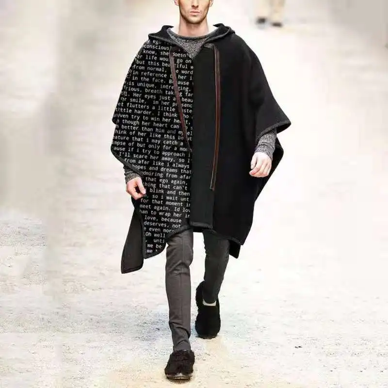 Vintage Poncho Men Oversized Hooded Irregular Trench Punk Male Outerwear Fashion Coats Cloak Hood Letter Print Cape Female