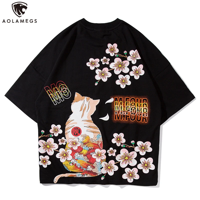 

Aolamegs Mens Tee Cat Plum Flower Print T-shirts Japanese Retro Harajuku Style Casual Oversize Couple Tee Men Streetwear Summer