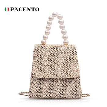 

PACENTO Fashion Straw Pearl Handbag for Women 2020 Shoulder Bag White Crossbody Bags High Quality Bolso Bandolera Mujer Donna