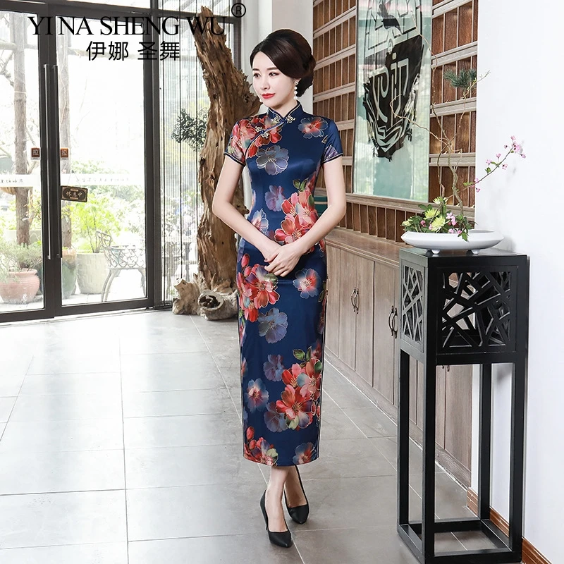 Chinese Traditional Tang Long Cheongsam Banquet Clothing Satin Dress Slim Retro Dress Lace Performace qipao Show  Cheongsam