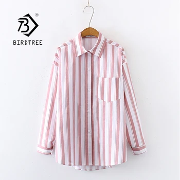 

2020 New Arrival Women Pink Striped White Shirts Autumn Long Sleeve Vintage Shirt Loose Tops Casual Blouse Feminina Blusa T03228
