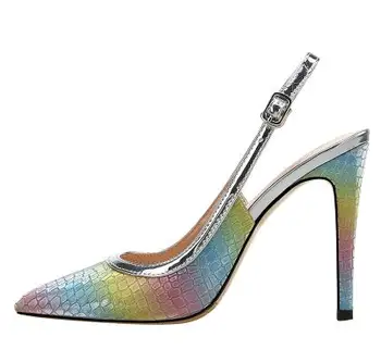 

Moraima Snc Sexy Pointed Toe High Heel Shoes Sexy Colorful Stone Pattern Leather Slingback Woman Pumps Big Size Dress Heels